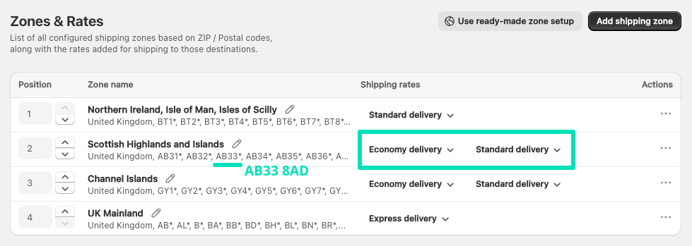 Shopify custom shipping zone matched