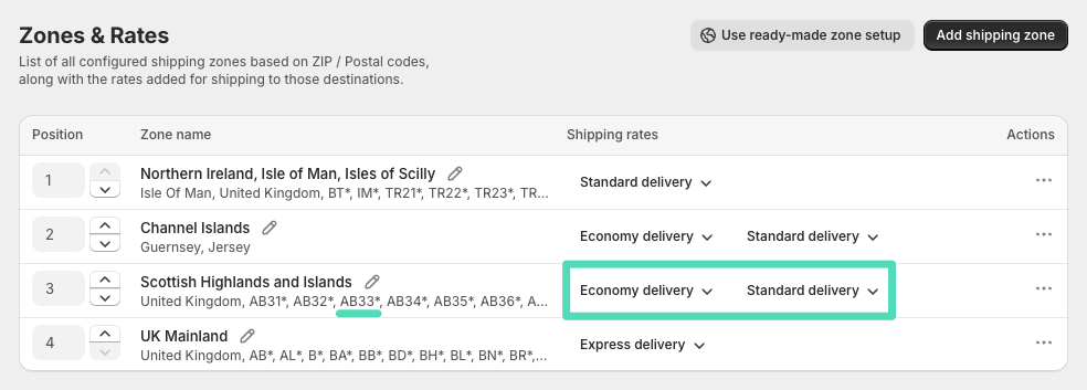 Shopify custom shipping zone matched