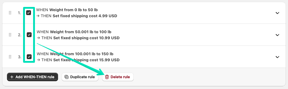 Delete multiple shipping rates rules at once