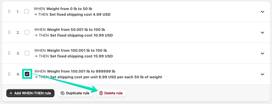 Delete shipping rates rule