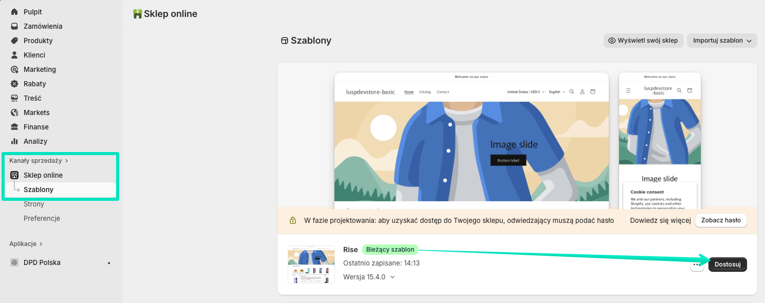 Edytor szablonów Shopify - Przycisk Dostosuj