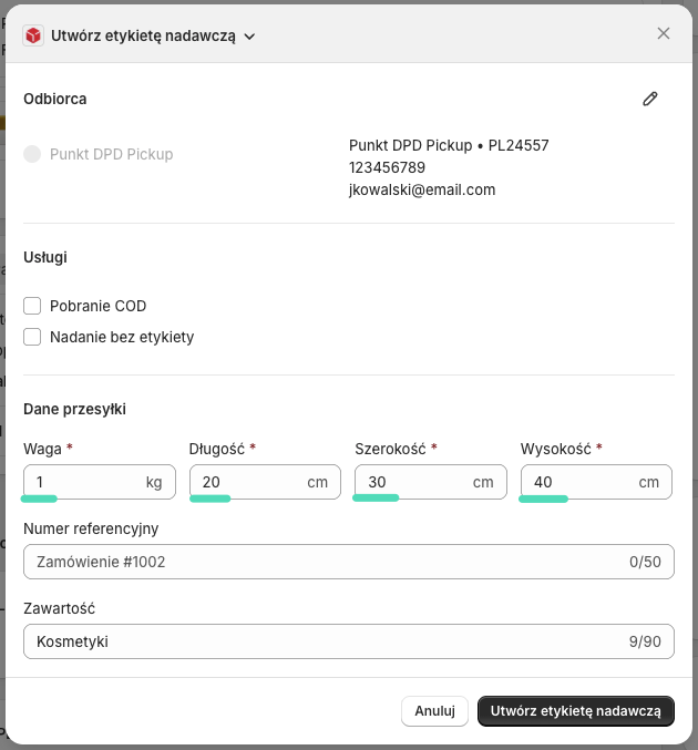 Shopify DPD Polska - Domyślne dane przesyłki automatycznie uzupełnione przy tworzeniu etykiety dla Punktu DPD Pickup