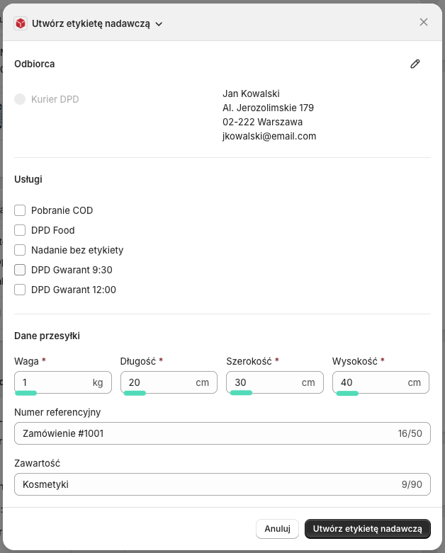 Shopify DPD Polska - Domyślne dane przesyłki automatycznie uzupełnione przy tworzeniu etykiety dla Kuriera DPD