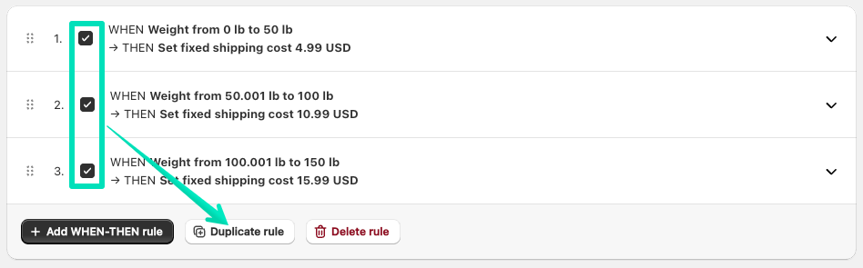 Duplicate multiple shipping rates rules at once