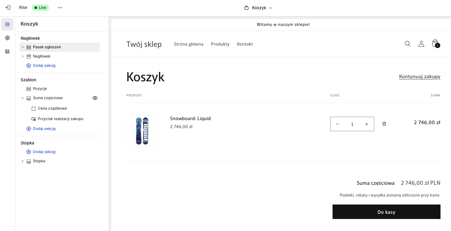 Edytor szablonów Shopify: Szablon strony Koszyk