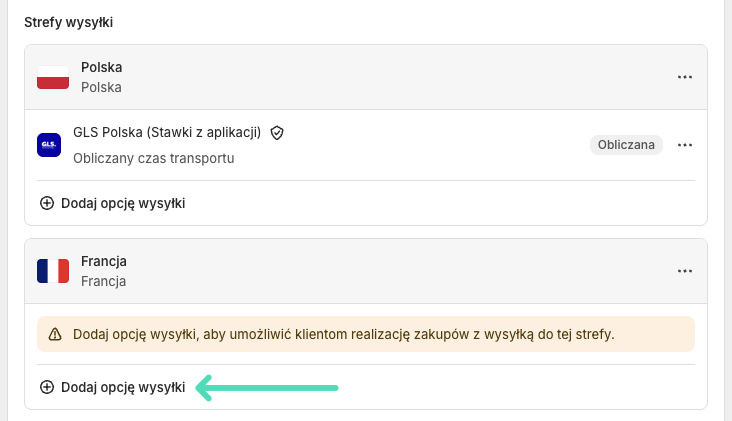 Brak stawki aplikacji GLS Polska w stref wysyłki Shopify - Dodawanie ręczne