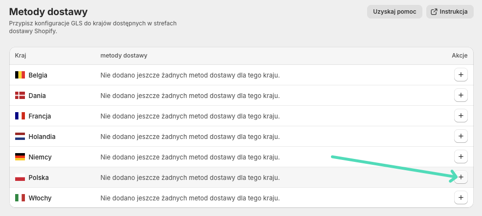 GLS Polska Shopify - Przycisk Dodaj metodę dostawy GLS