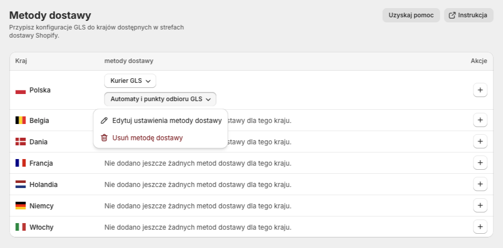 GLS Shopify Polska - Edycja i usuwanie metody dostawy GLS