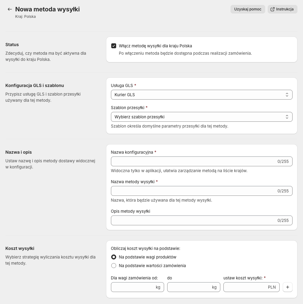 GLS Polska Shopify - Ekran konfiguracji metody dostawy GLS