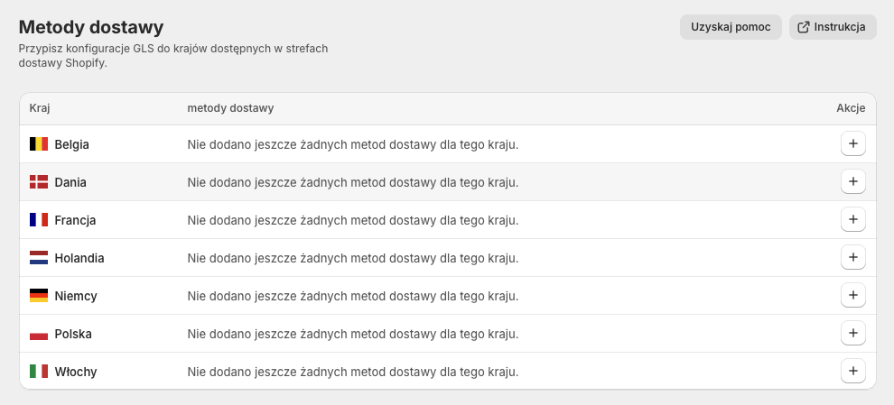 GLS Polska Shopify - Ekran Metody dostawy