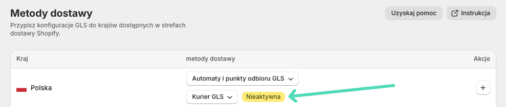 GLS Polska Shopify - Nieaktywna metoda dostawy Kurier GLS
