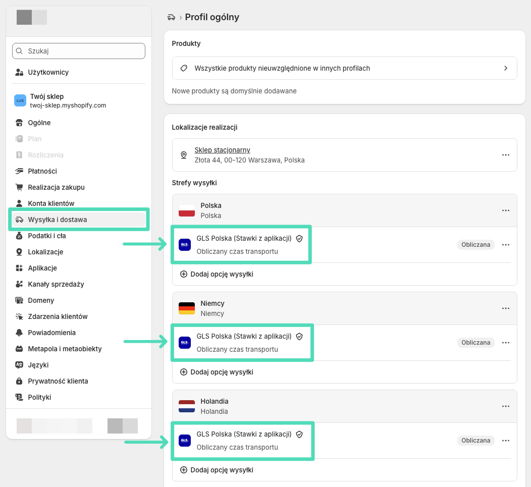 Stawki aplikacji GLS Polska automatycznie dodane do istniejących stref wysyłki Shopify