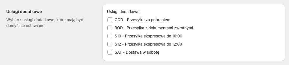 GLS Polska Shopify: Ustawienia szablonu przesyłki - Usługi dodatkowe