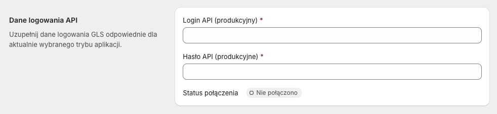 GLS Polska Shopify - Ustawienia: Dane logowania API
