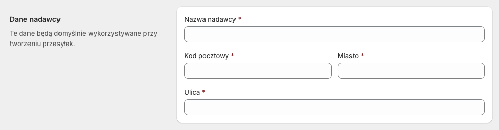 GLS Polska Shopify - Ustawienia: Dane nadawcy