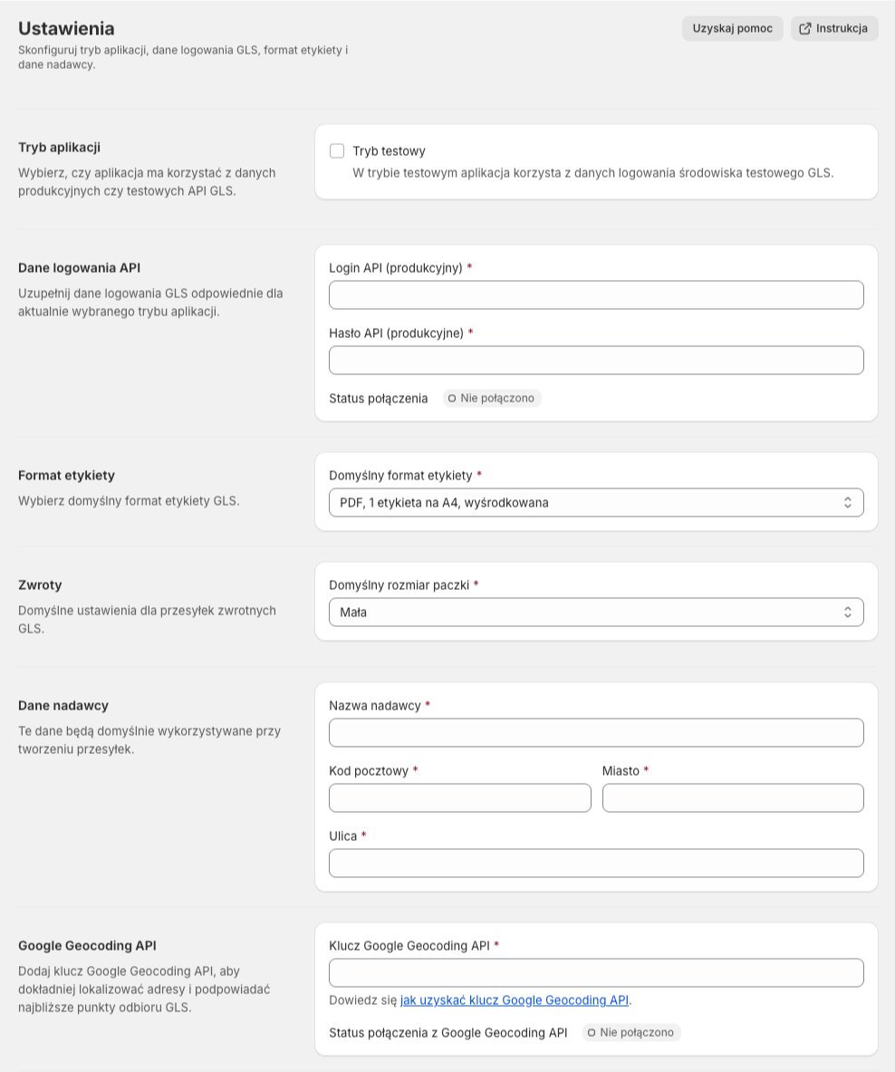 GLS Polska Shopify - Ustawienia główne aplikacji
