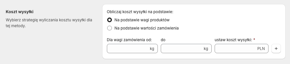 GLS Polska Shopify - Ustawienia metody dostawy GLS: Koszt wysyłki