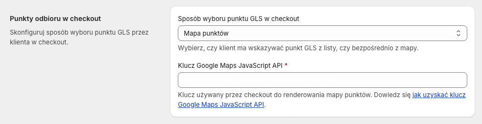 GLS Polska Shopify Plus - Ustawienia: Klucz Google Maps JavaScript API