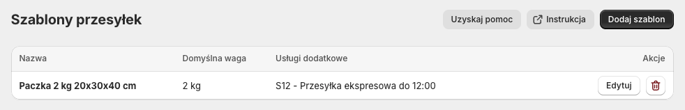 GLS Polska Shopify - Utworzony szablon przesyłki