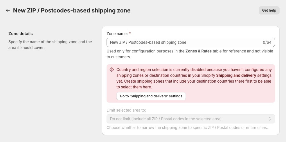 App error: Shipping zones or destination countries not configured in the Shopify 'Shipping and delivery' settings
