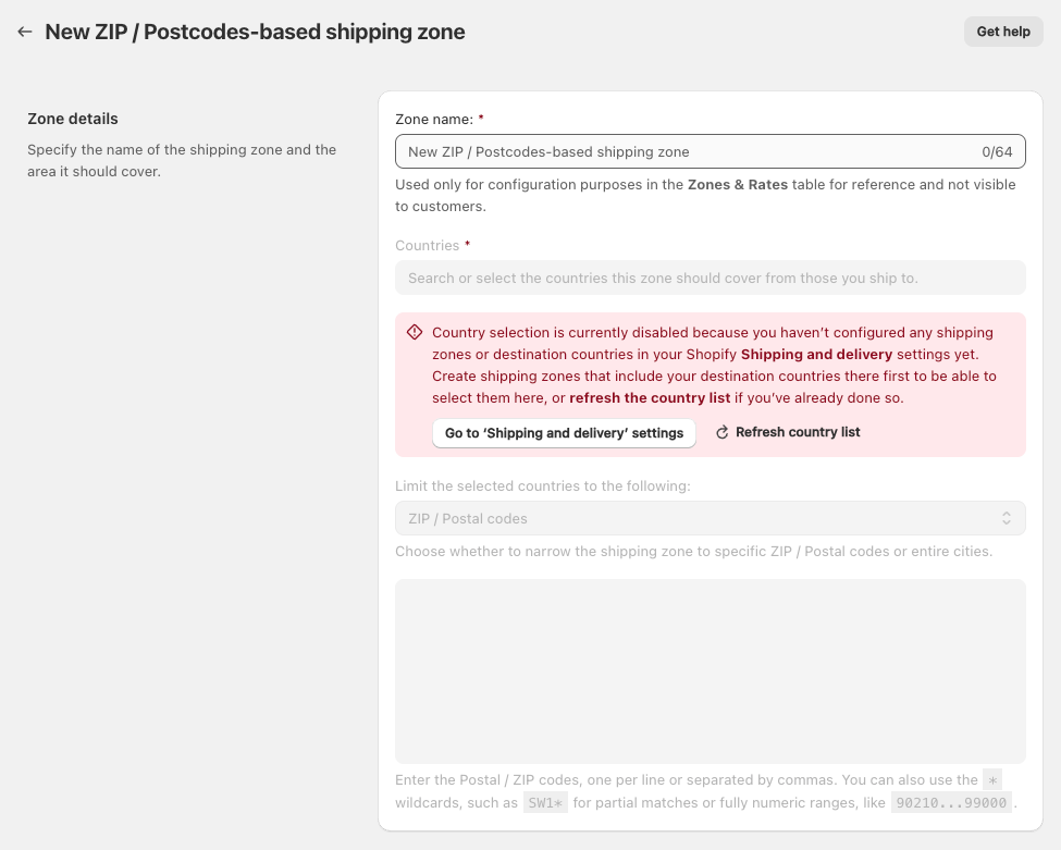 App error: Shipping zones or destination countries not configured in the Shopify 'Shipping and delivery' settings