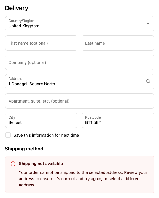 No shipping methods available to pick at Shopify checkout