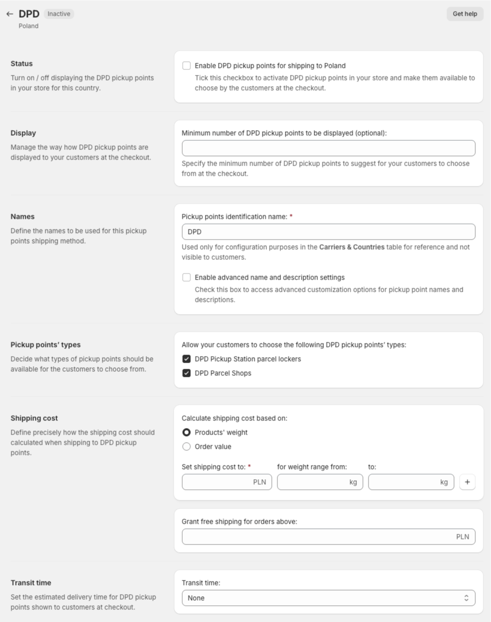 Shopify Pickup Points PRO - Carrier rates configuration screen