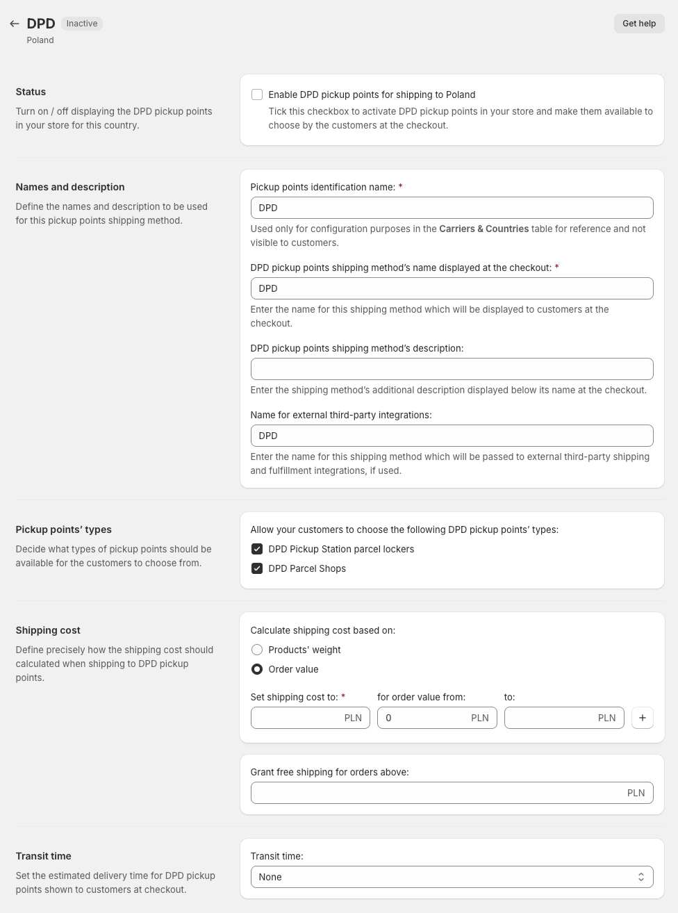 Shopify Plus Pickup Points PRO - Carrier rates configuration screen