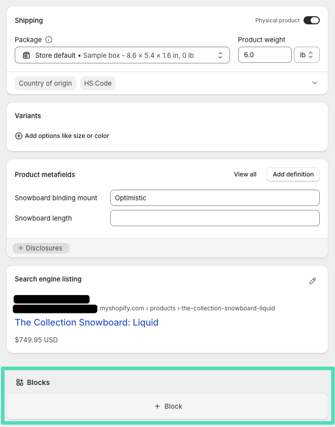 Shopify product's details page - Blocks section