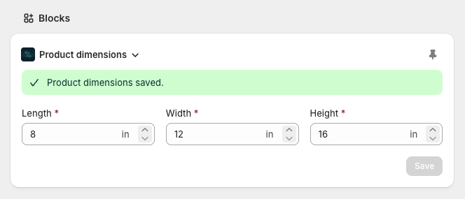 Product dimensions added on the Shopify product details page