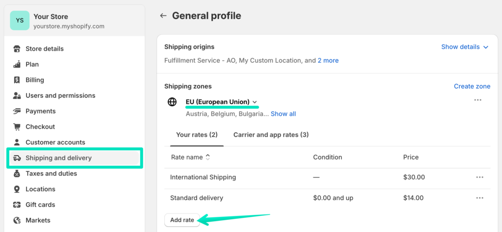 Shopify Shipping and delivery settings - Shipping zone, Add rate button
