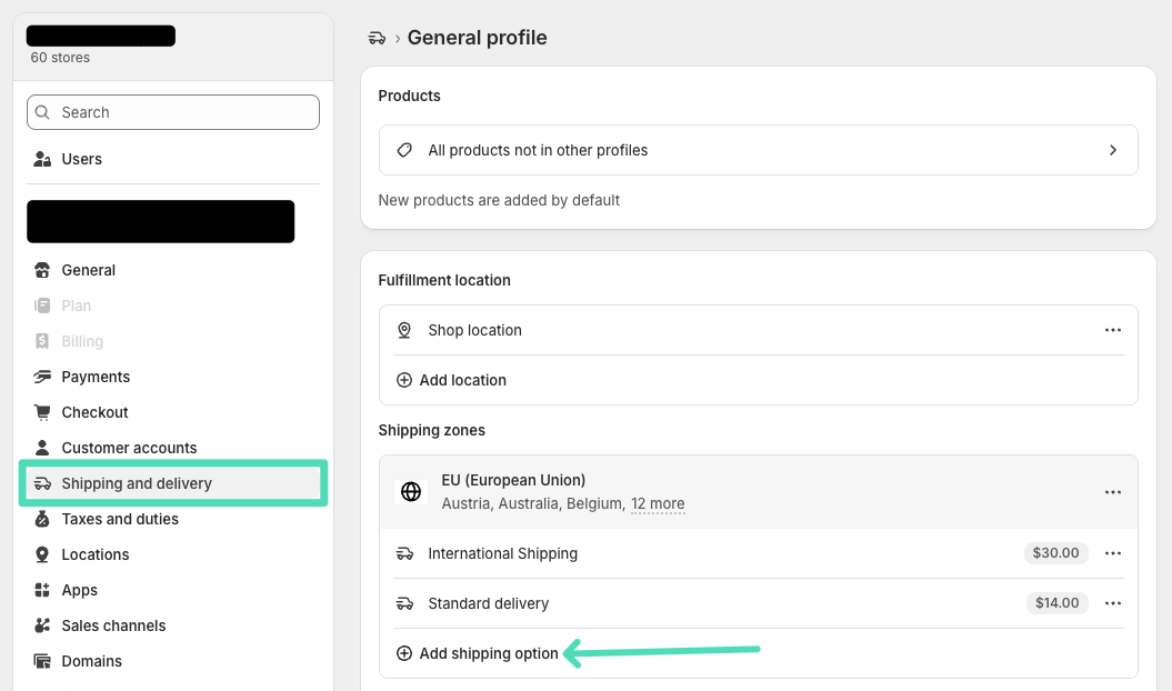 Shopify Shipping and delivery settings - Shipping zone, Add shipping option
