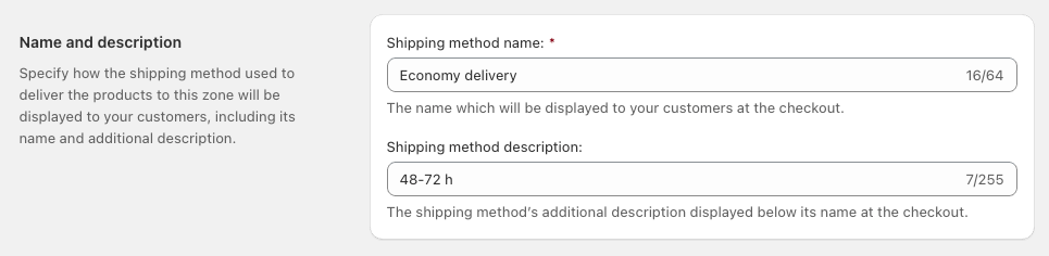 'Shipping method name' and 'Shipping method description' fields filled