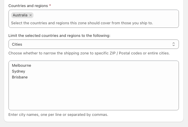 Shopify shipping zone narrowed to cover specific cities