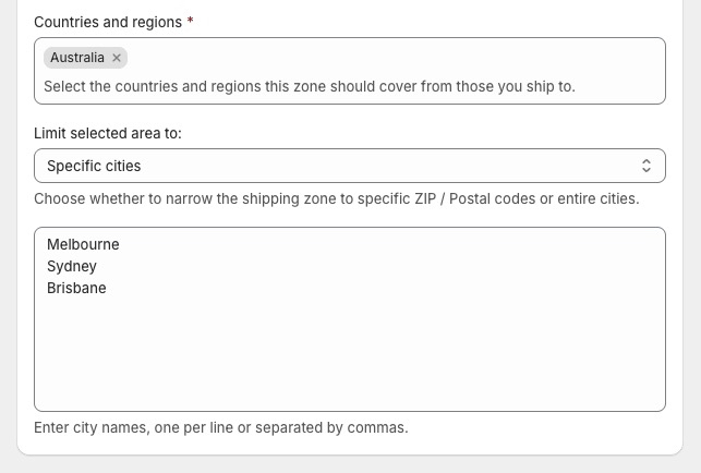 Shopify shipping zone narrowed to cover specific cities