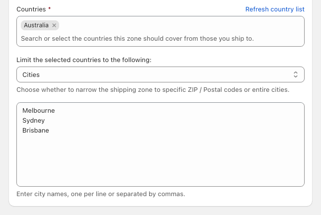 Shopify shipping zone narrowed to cover specific cities