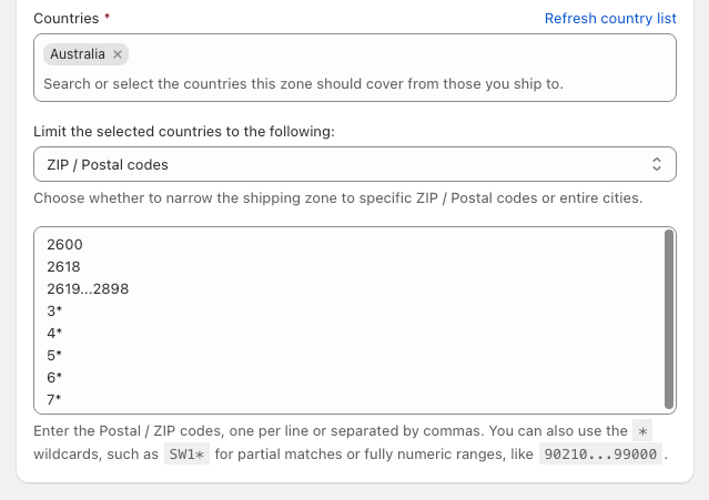 Shopify shipping zone narrowed to cover specific postal codes