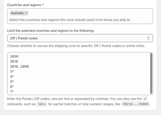 Shopify shipping zone narrowed to cover specific postal codes