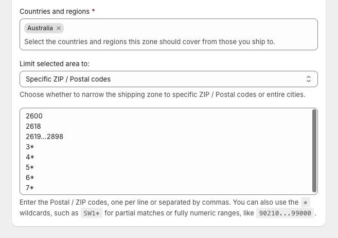 Shopify shipping zone narrowed to cover specific postal codes