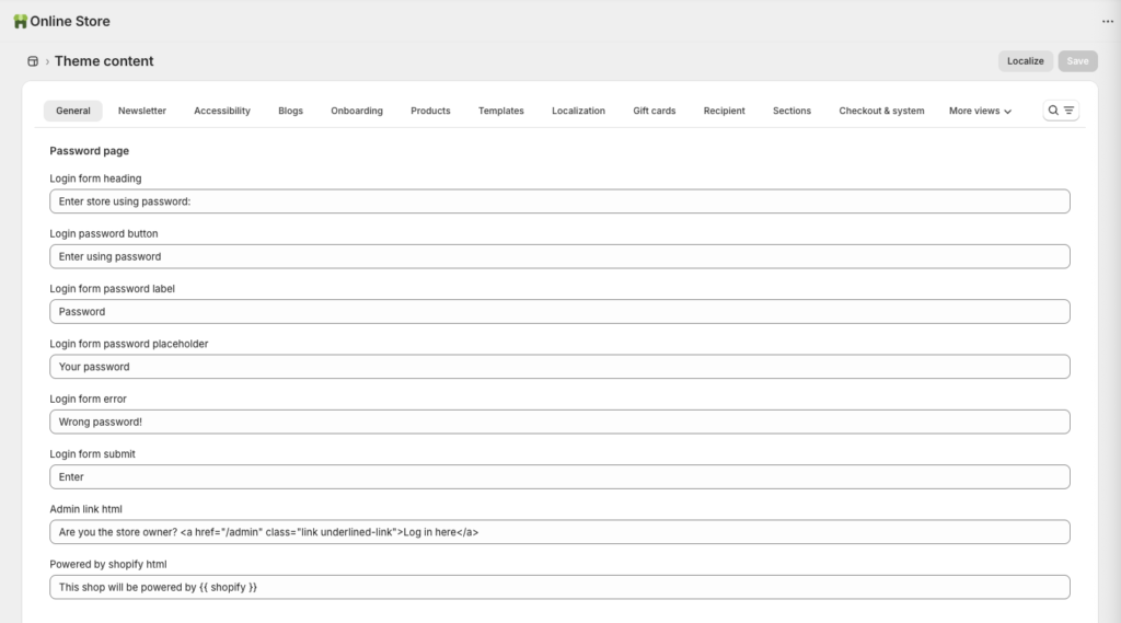 Shopify Theme Content Management Screen