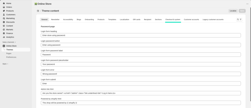 Shopify theme content settings screen