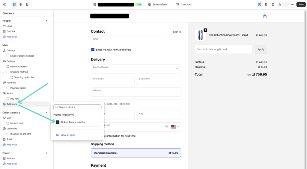 Shopify theme editor: Adding Pickup points selector checkout block