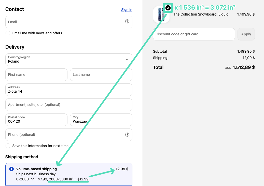 Shopify volume-based shipping cost calculation results at checkout