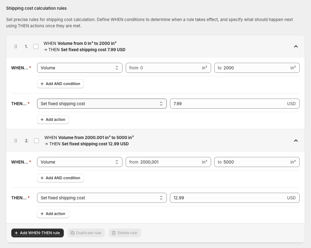 Shopify Volume-based shipping cost calculation rules