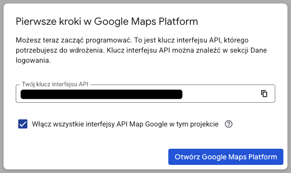 Wygenerowany klucz interfejsu API Google Maps