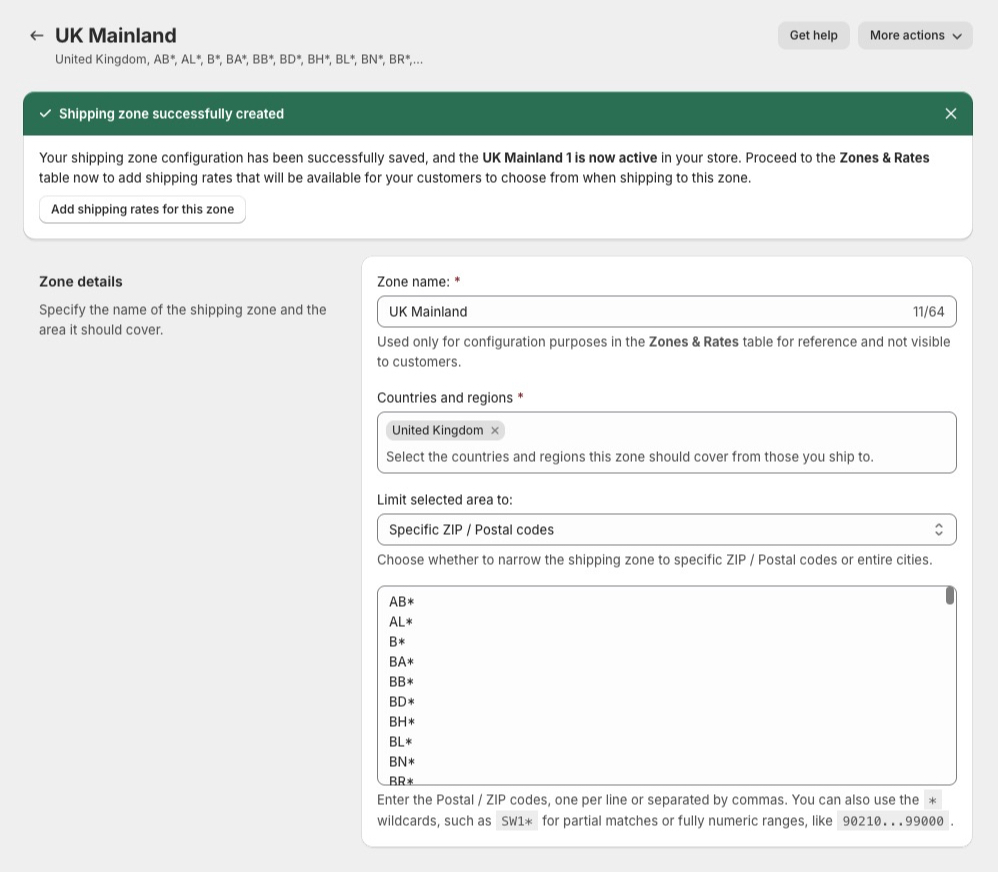 UK Mainland custom Shopify shipping zone based on postal codes created