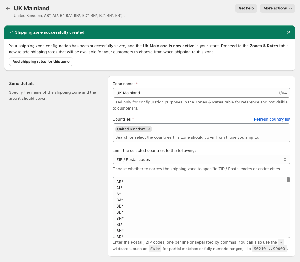 UK Mainland custom Shopify shipping zone based on postal codes created