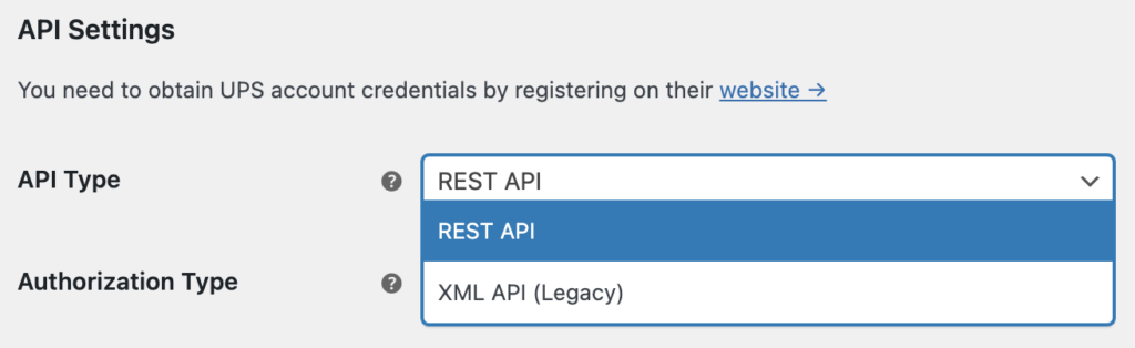 Ups Settings Api Type