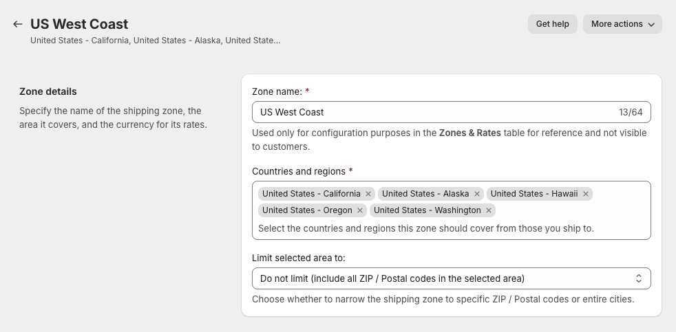 US West Coast Shopify custom shipping zone configured