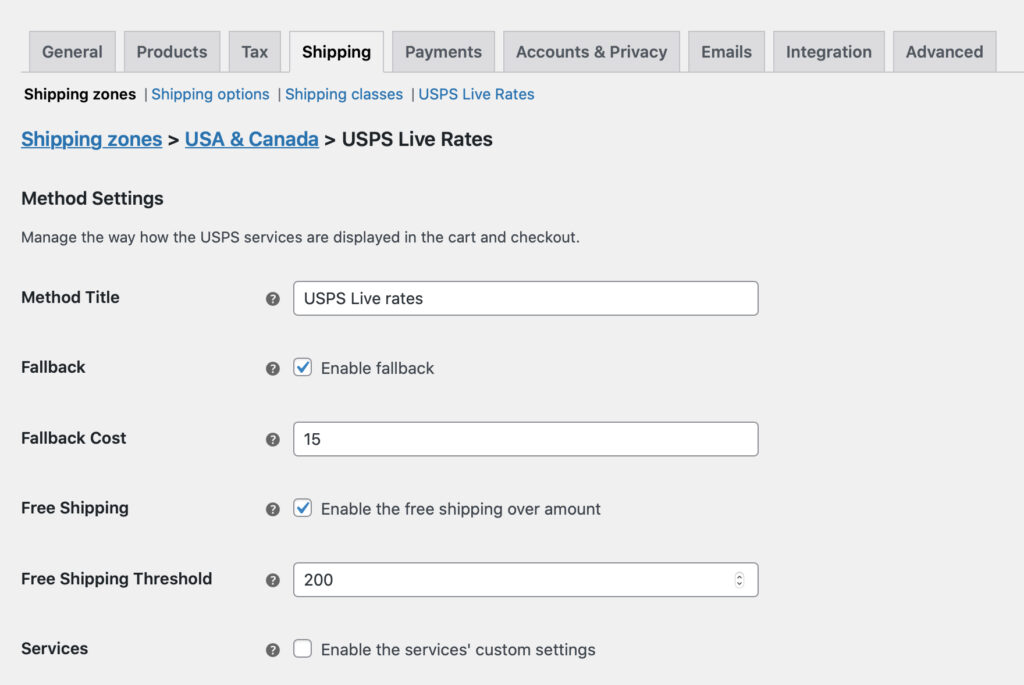 Usps Woocommerce Live Rates Pro Shipping Method Configuration Screen Method Settings